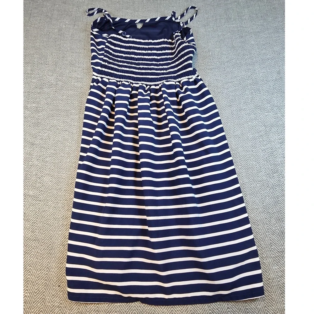 ana A New Approach Navy Blue White Striped Smocked Midi Sundress Womens Medium
